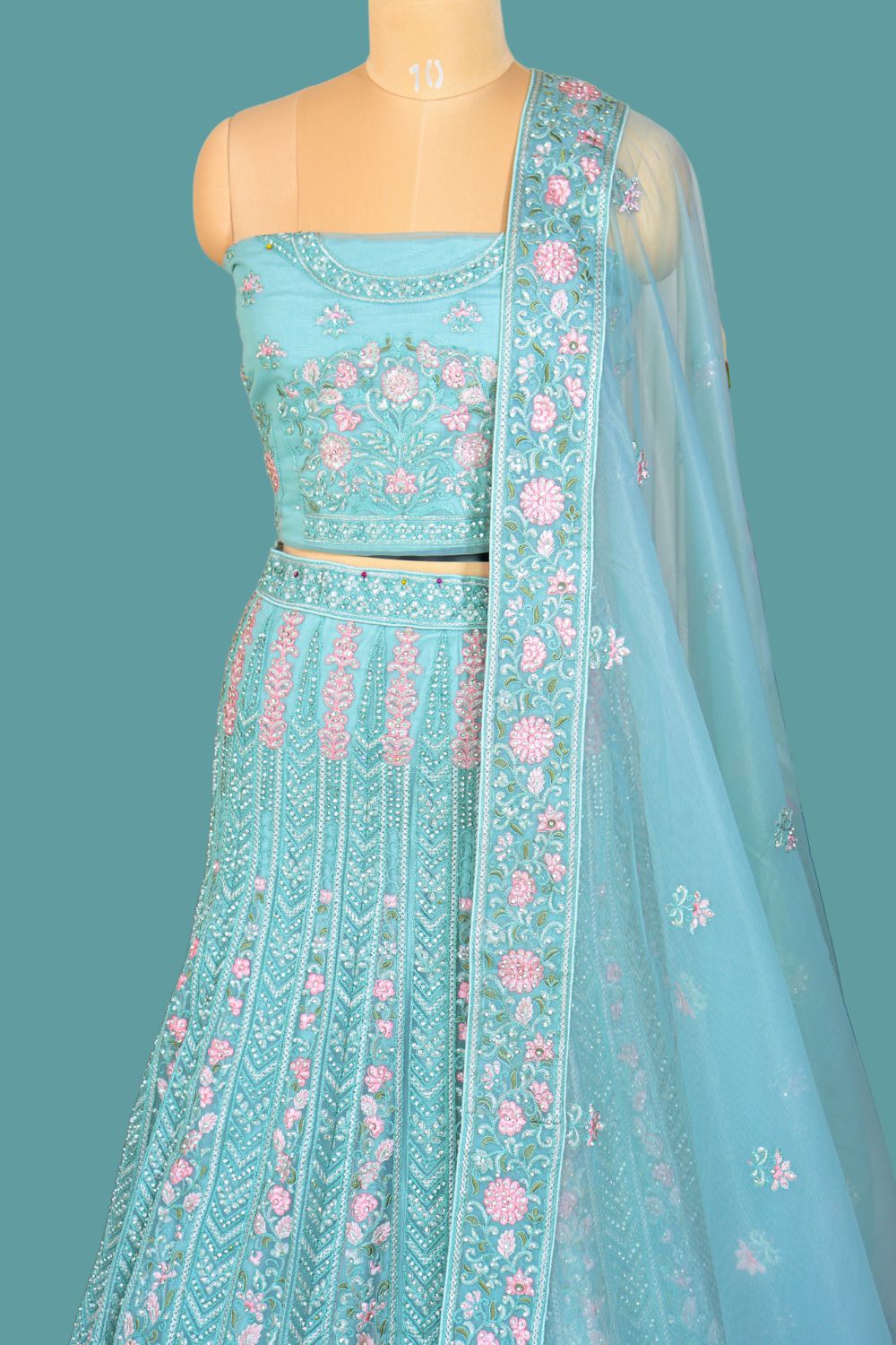 Light Blue Net Crop Top Lehenga