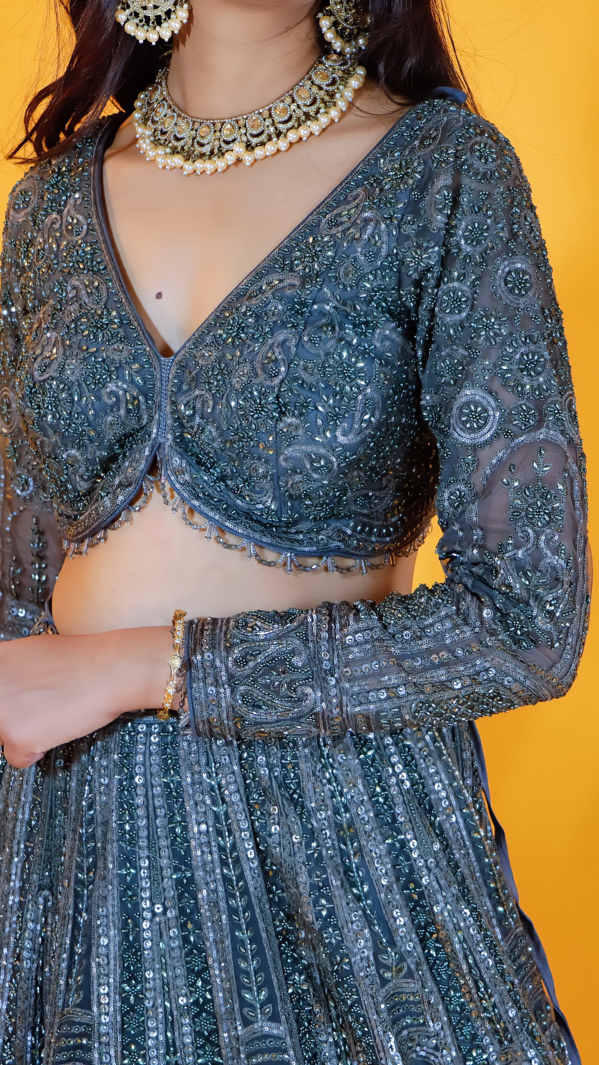 Green Lehenga with Thread Embroidery