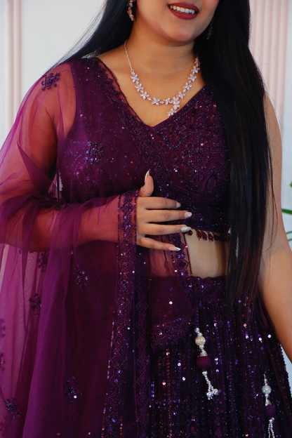 Elegant Wine Net Crop Top Lehenga