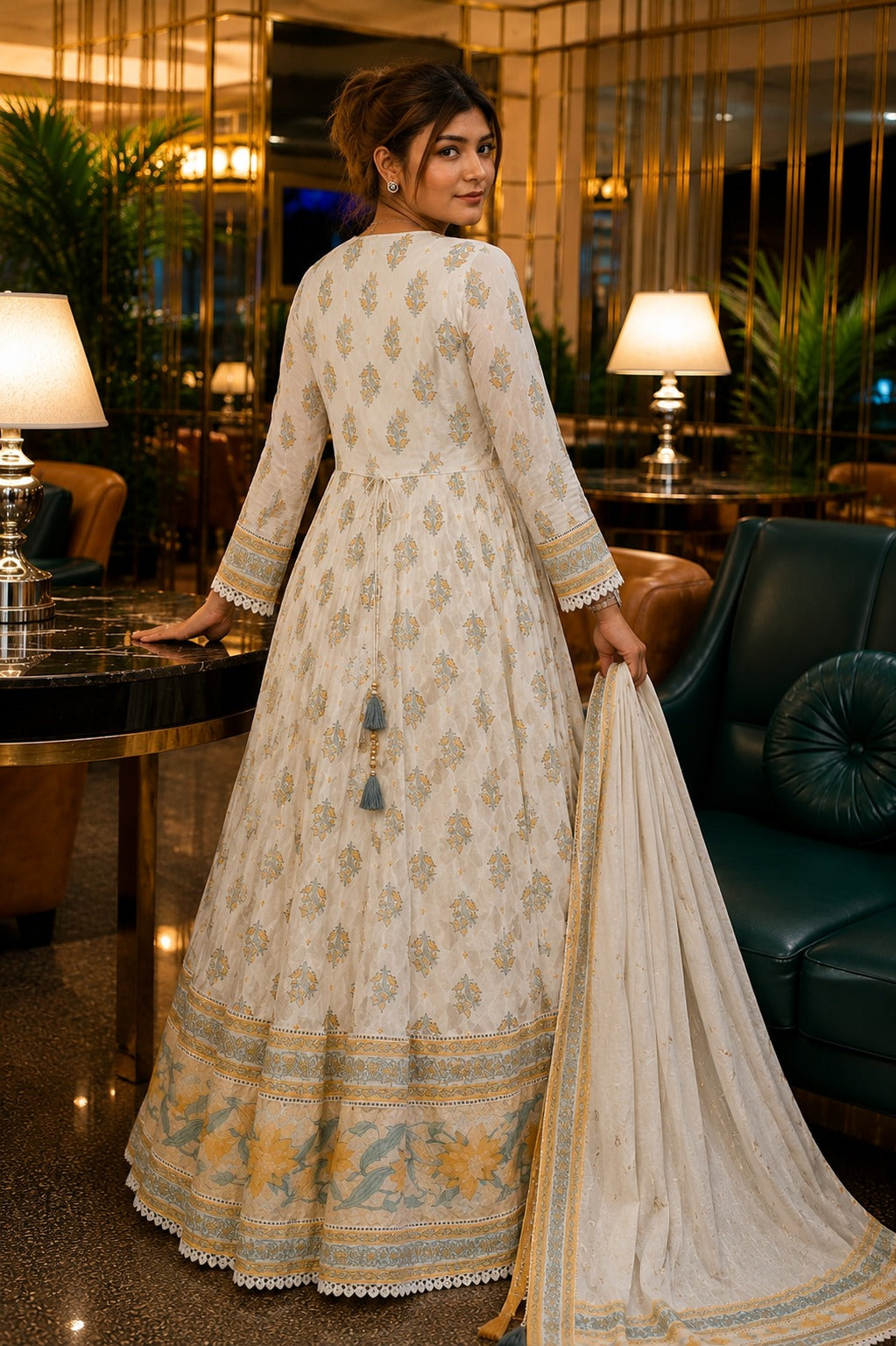 Ivory Yellow Floral Printed Cotton Anarkali Suit Set with Dupatta