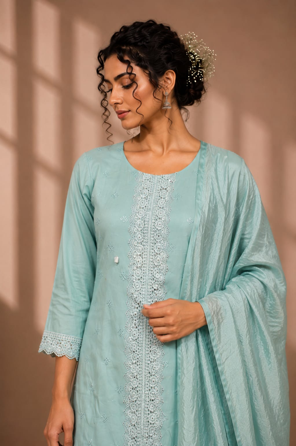 Blue Chanderi Silk Kurti with Pant & Dupatta