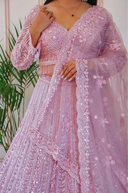 Blush Pink Net Embellished Lehenga Set