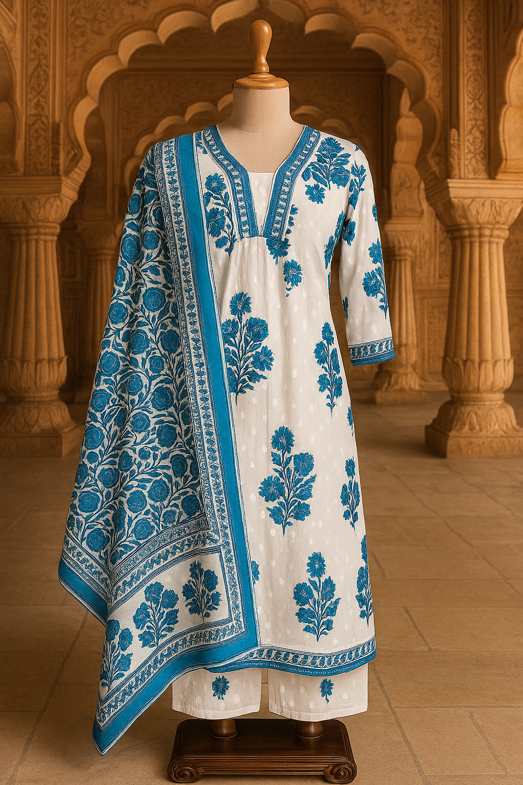 White & Blue Hand block Kurta Set