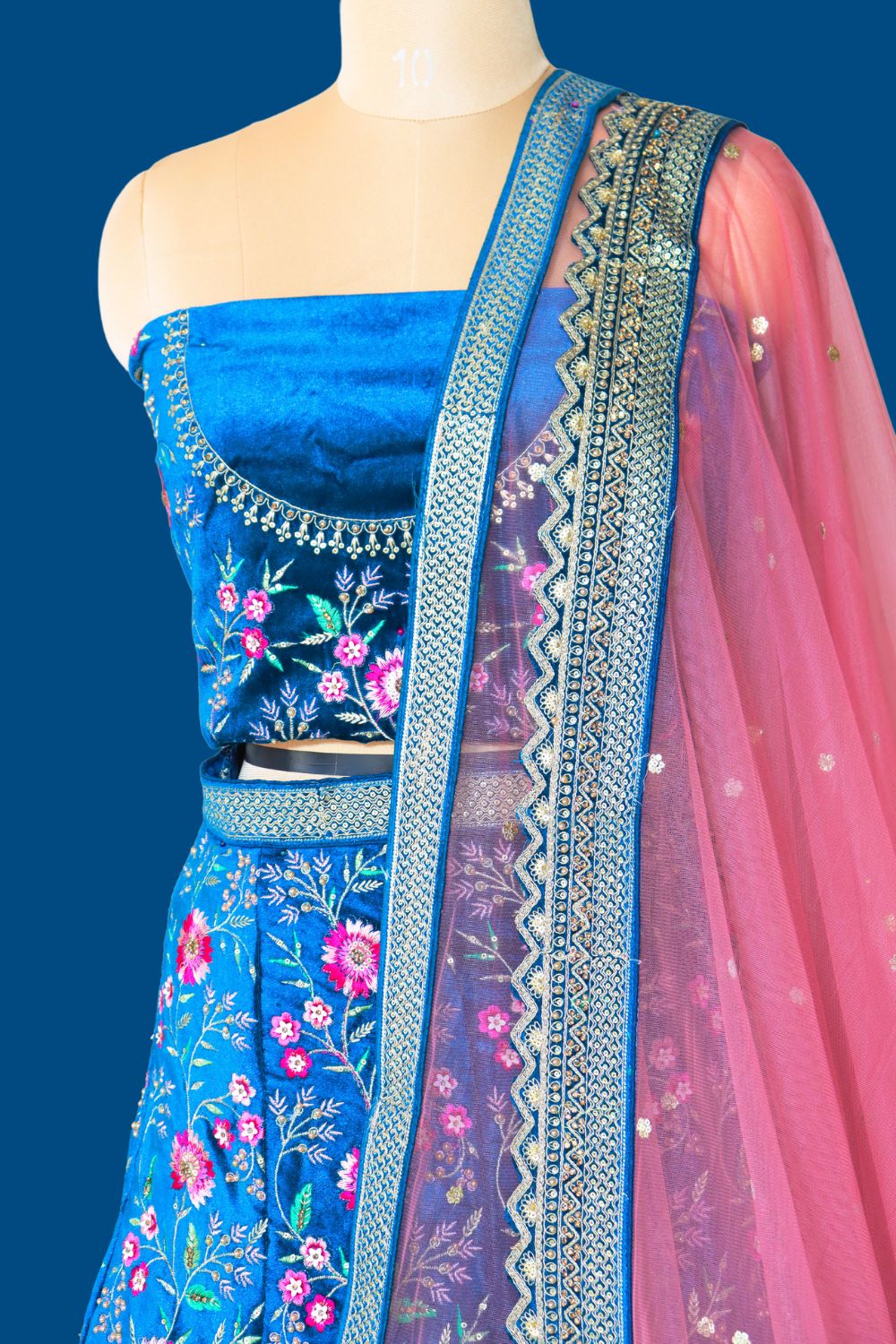 Peacock Blue Velvet Bridal Lehenga