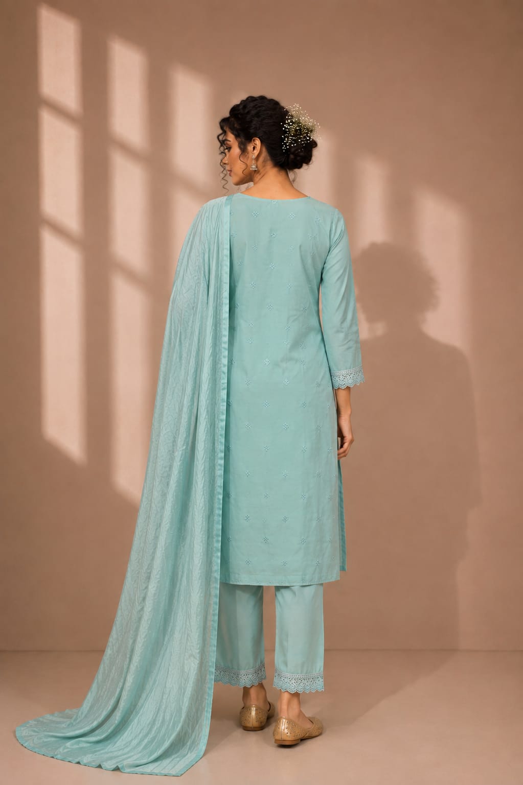 Blue Chanderi Silk Kurti with Pant & Dupatta