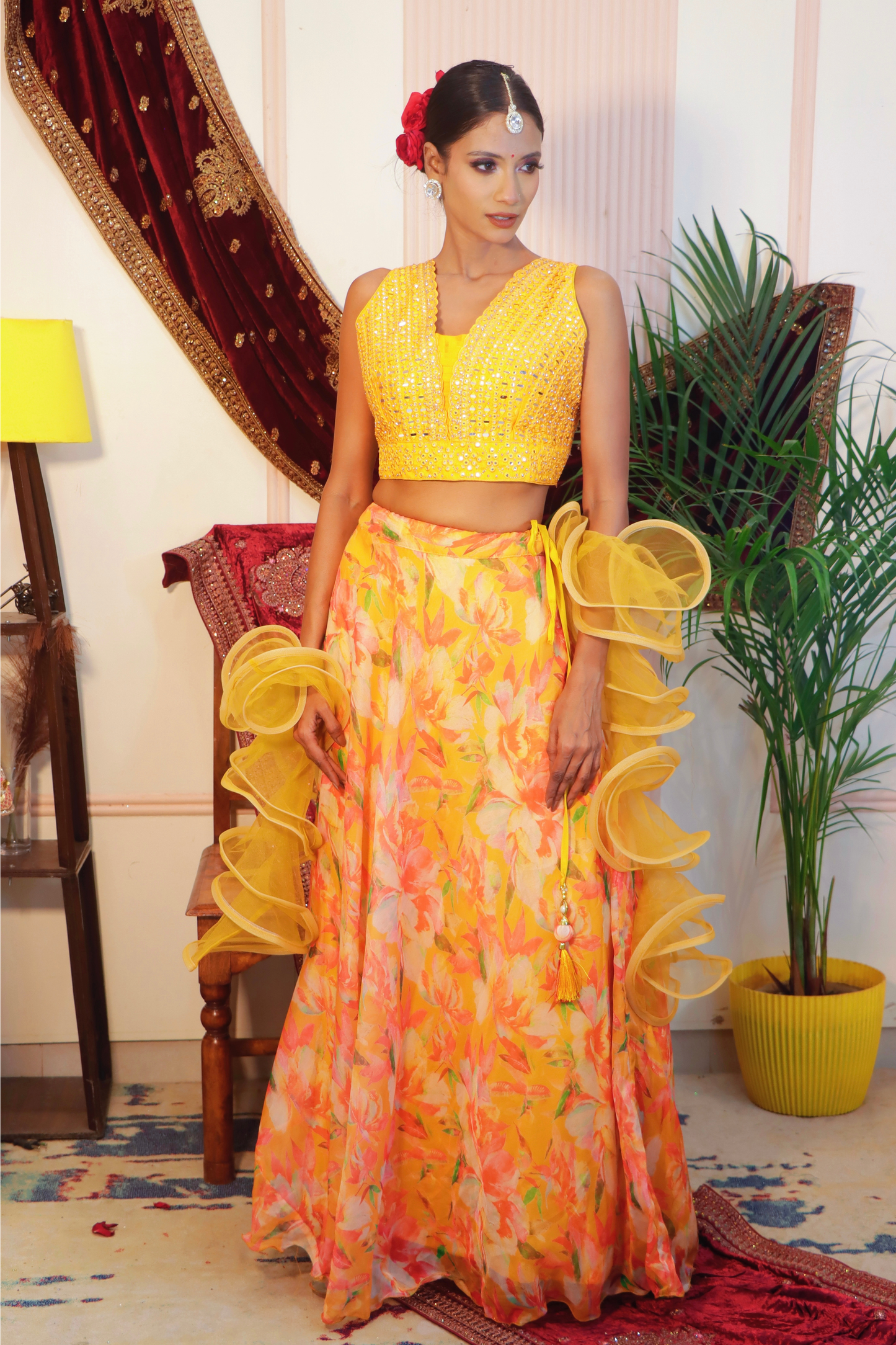 Yellow Floral Crop Top Lehenga
