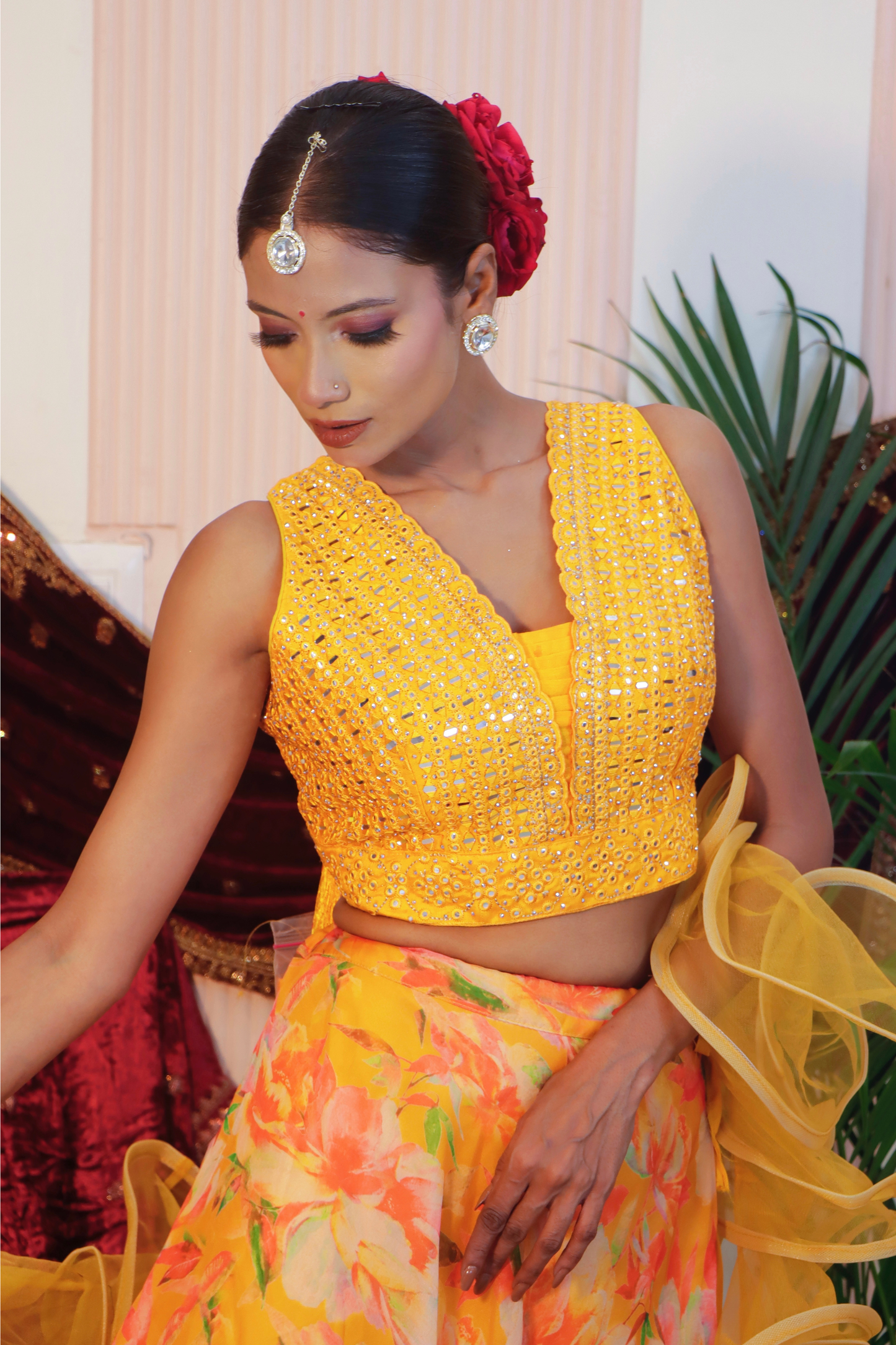 Yellow Floral Crop Top Lehenga