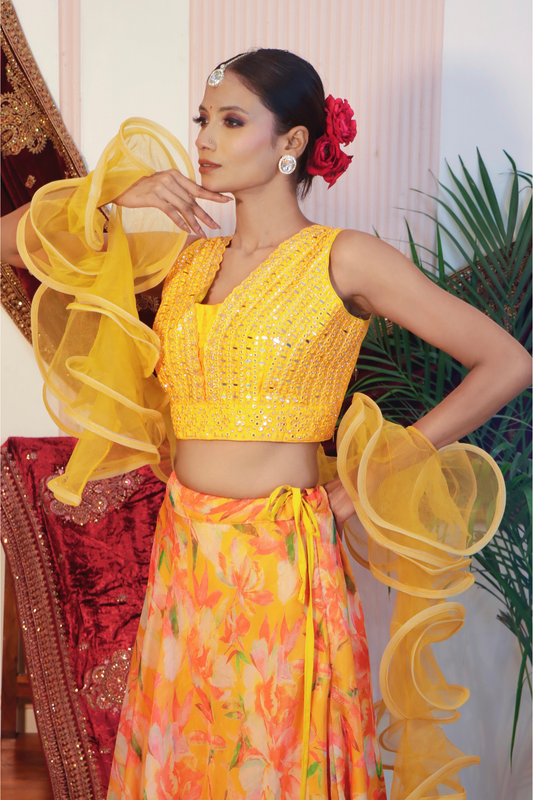 Yellow Floral Crop Top Lehenga