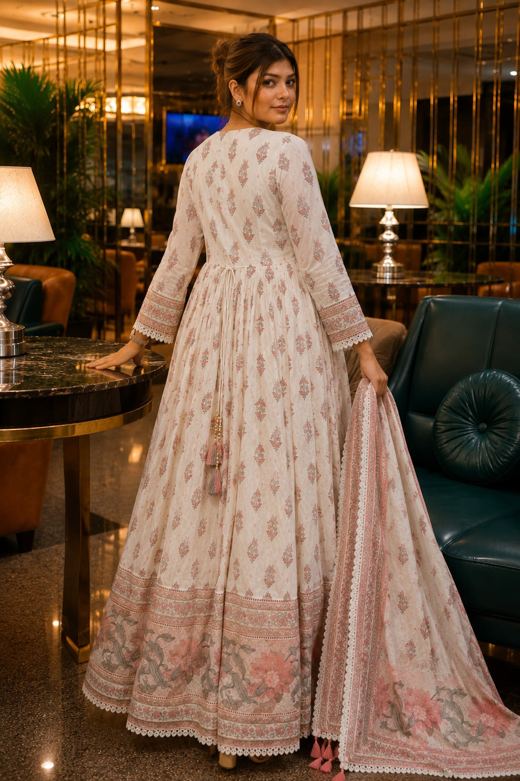 Off White Floral Printed Cotton Anarkali Suit Set with Dupatta