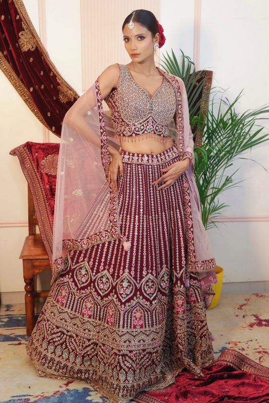 Wine Zari Sequin Crop Top Lehenga