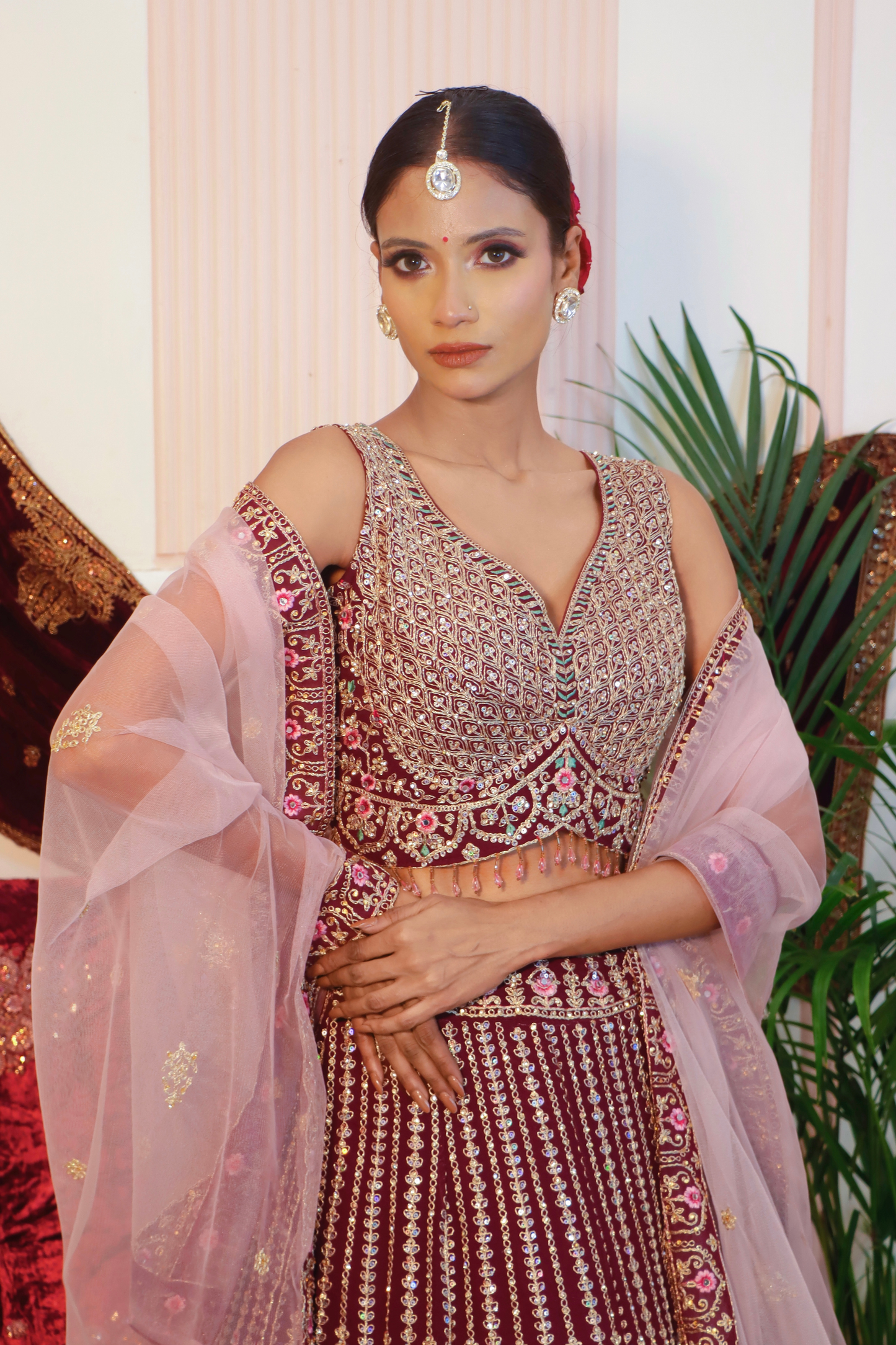 Wine Zari Sequin Crop Top Lehenga