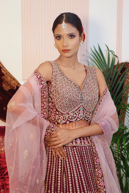 Wine Zari Sequin Crop Top Lehenga