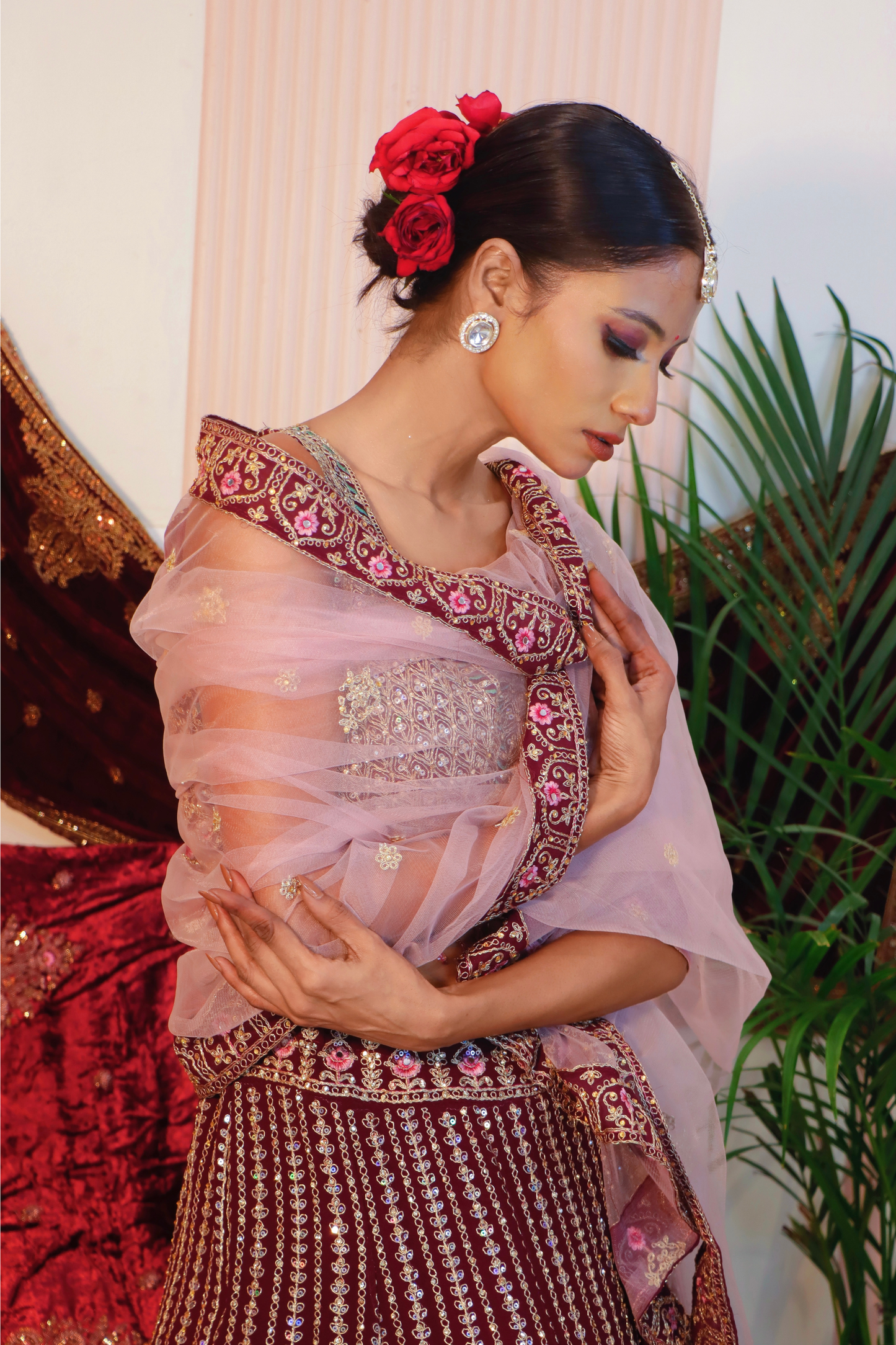 Wine Zari Sequin Crop Top Lehenga