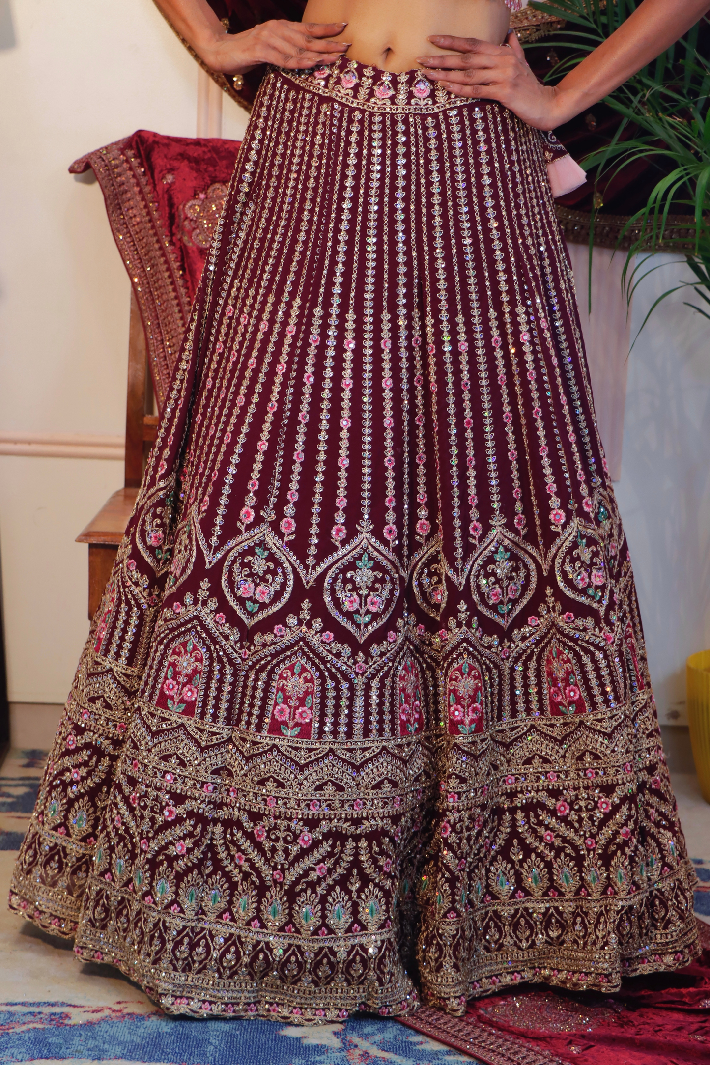 Wine Zari Sequin Crop Top Lehenga