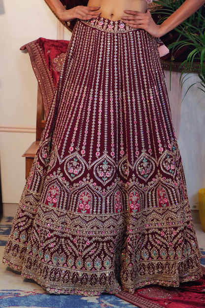 Wine Zari Sequin Crop Top Lehenga