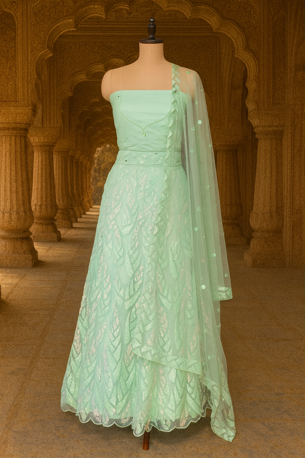 Velvet Mint Green Sequin Bridal Lehenga