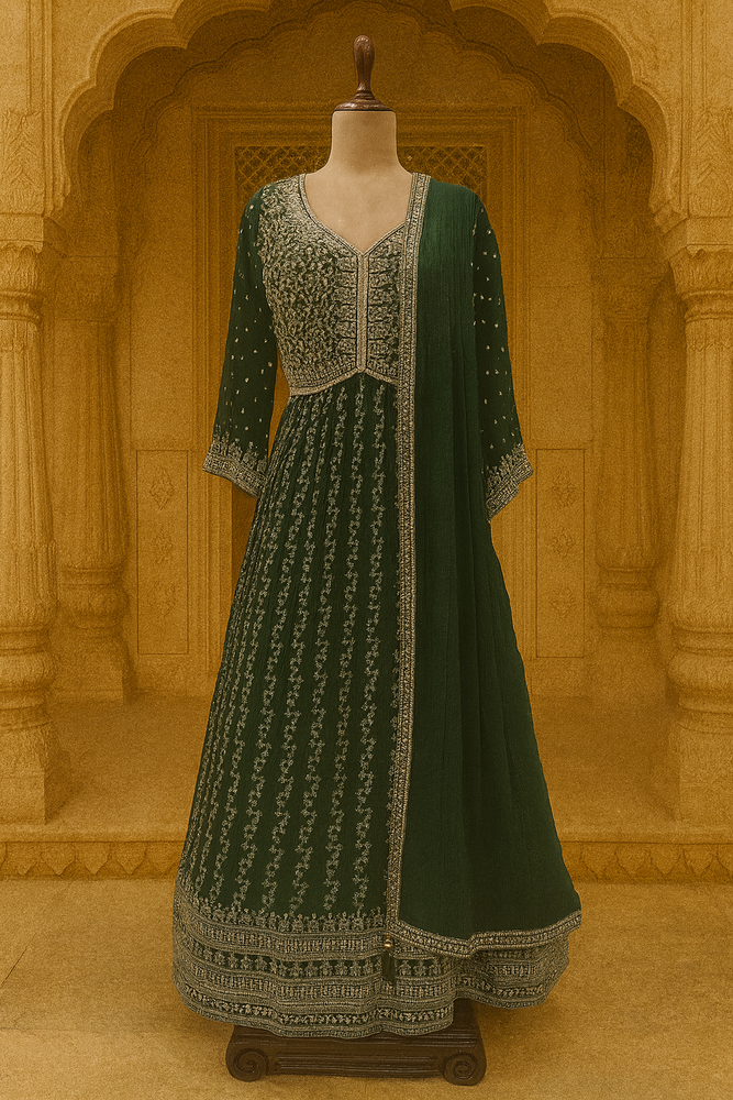 Dark Green Georgette Floor-Length Frock with Dupatta