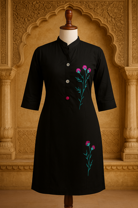 Black Kurti with Pink Floral Print