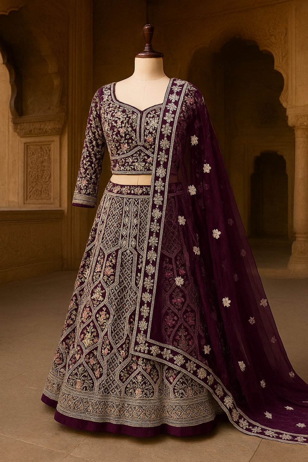 Crop Top Lehenga in Wine color