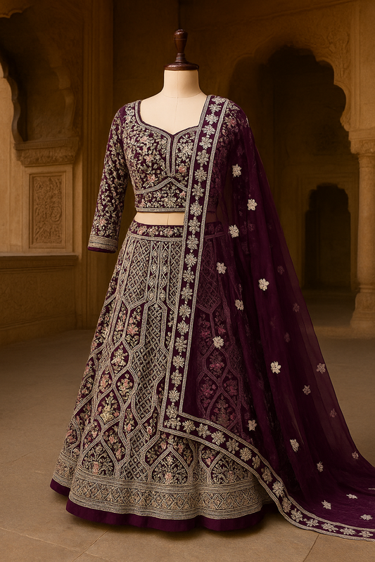 Crop Top Lehenga in Wine color