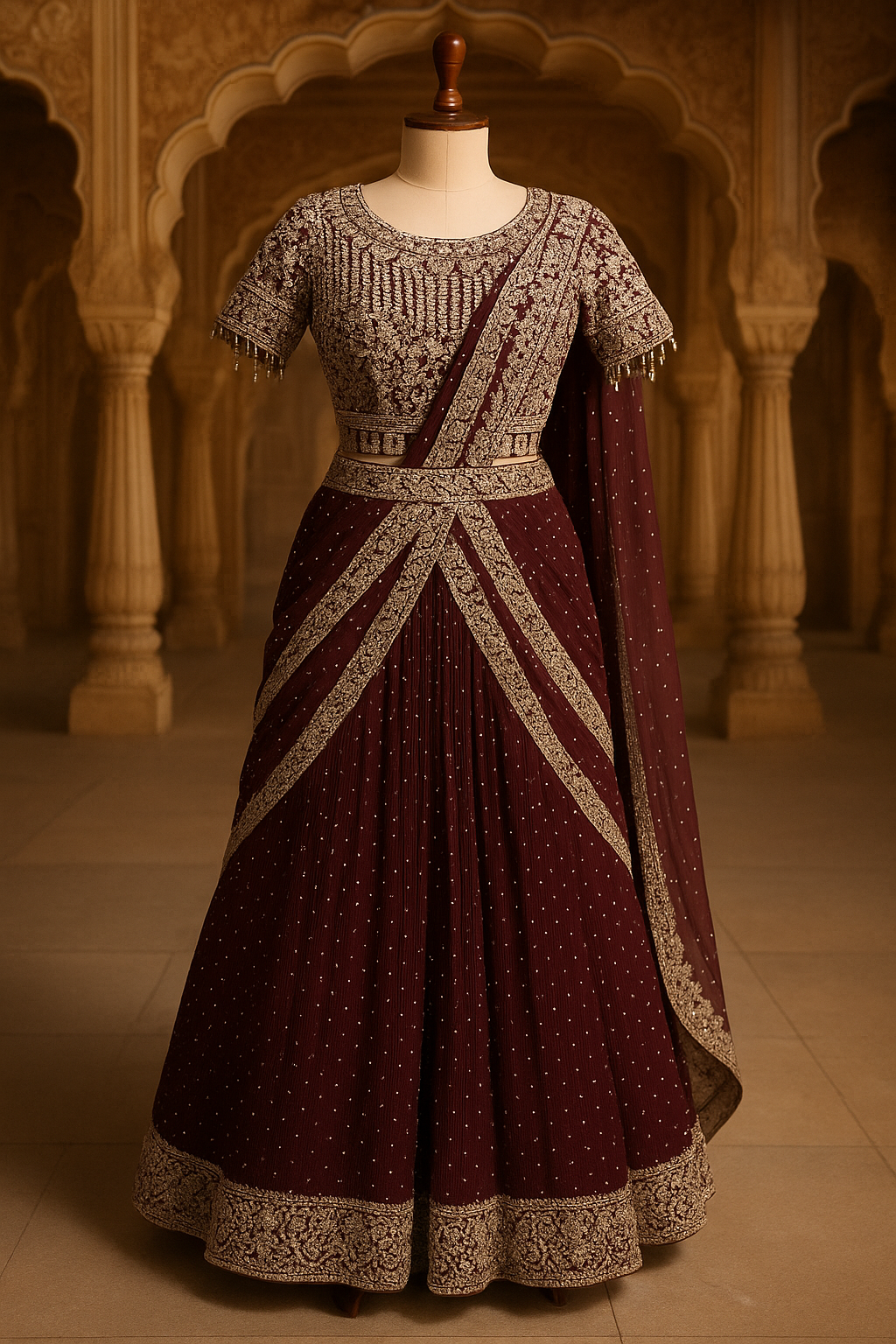 Ready to Wear Saree Lehenga Style in Wine