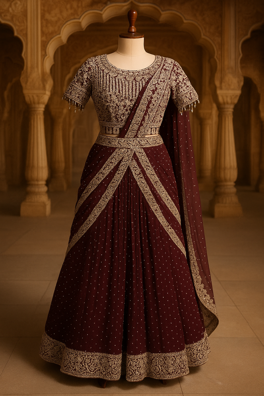 Ready to Wear Saree Lehenga Style in Wine