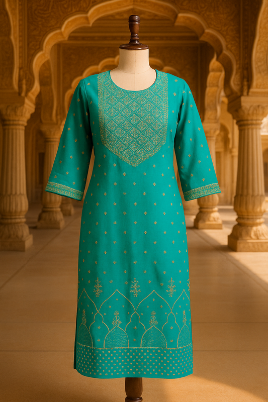 Aqua Green Cotton Kurti with Zari Work