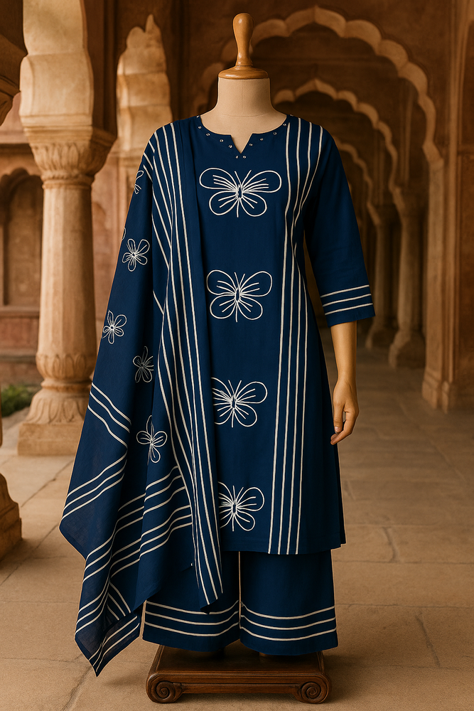 Blue Cotton Kurti with Palazzo & Dupatta