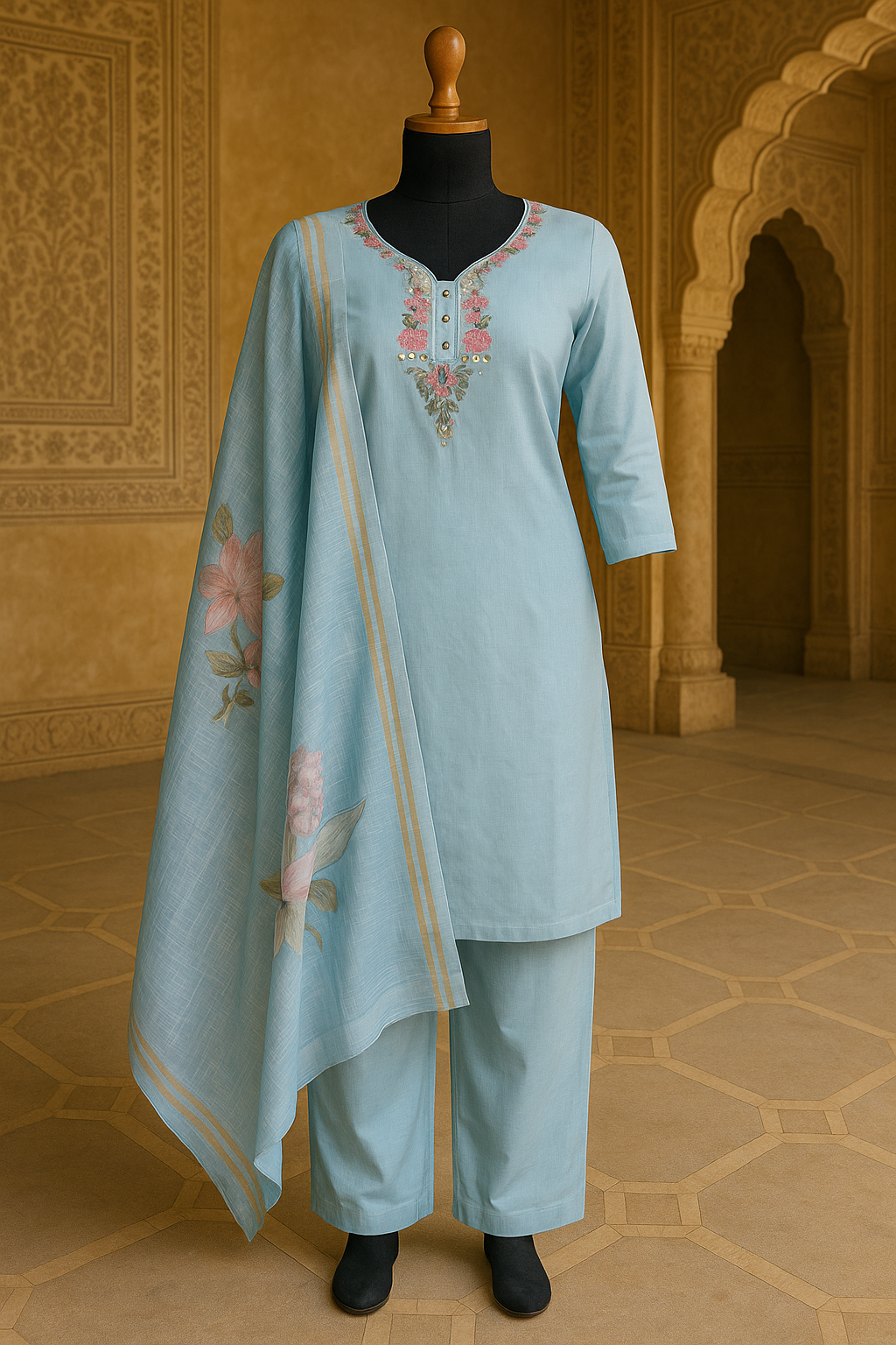 Sky Blue Floral Set with Dupatta