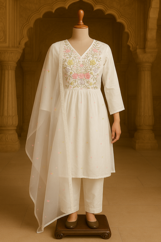 Ivory Hand-Embroidered Cotton Kurta Set