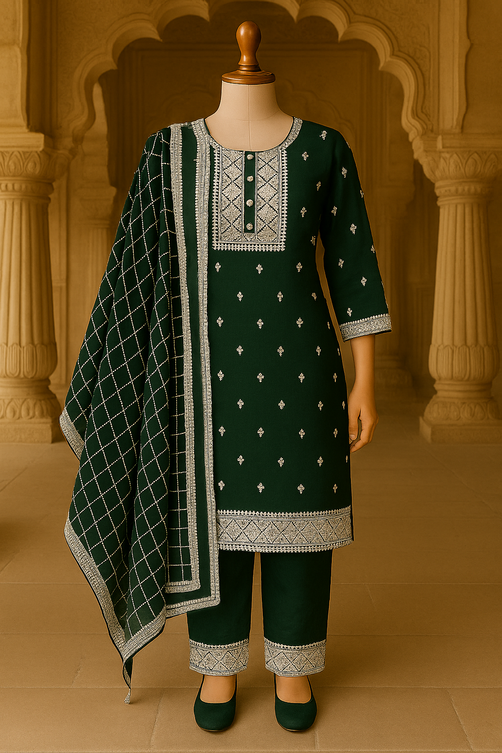 Bottle Green Embroidered Cotton Suit Set