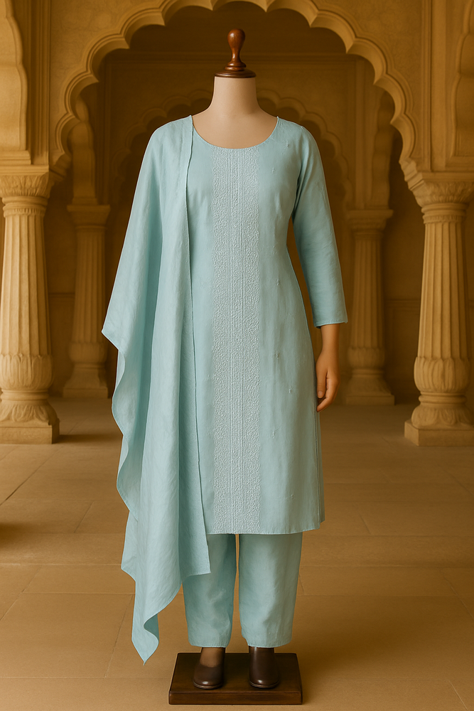 Blue Chanderi Silk Kurti with Pant & Dupatta