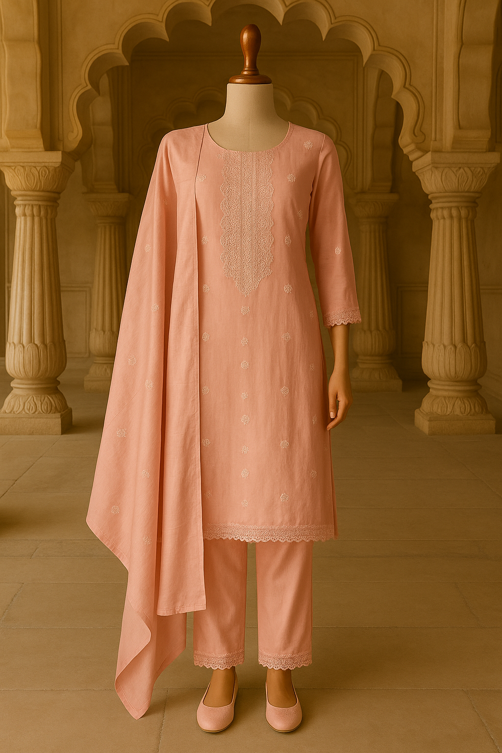 Peach Chanderi Silk Kurti Set with Pant & Dupatta