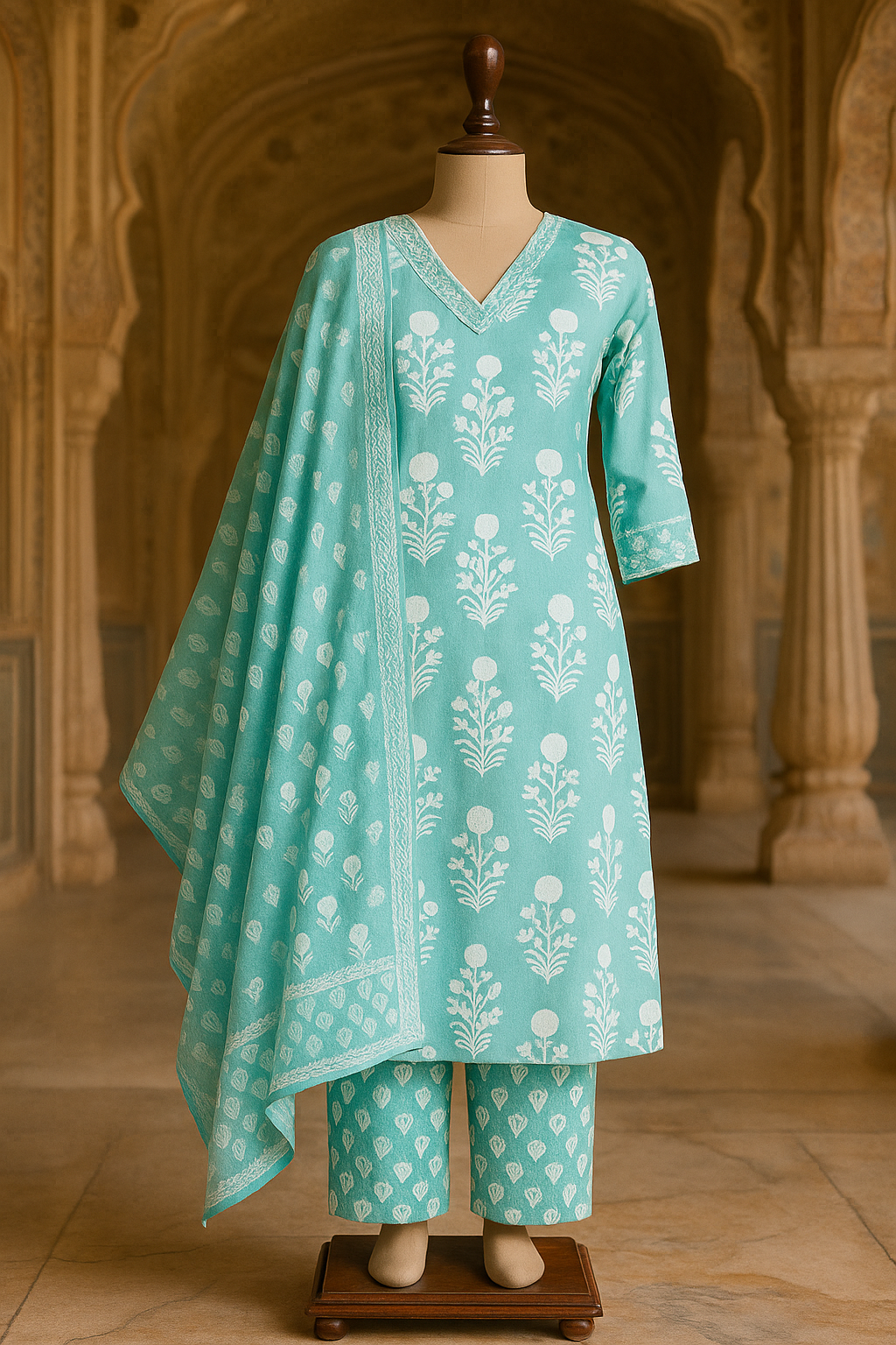 Sea Green Floral Block Print Cotton Suit Set