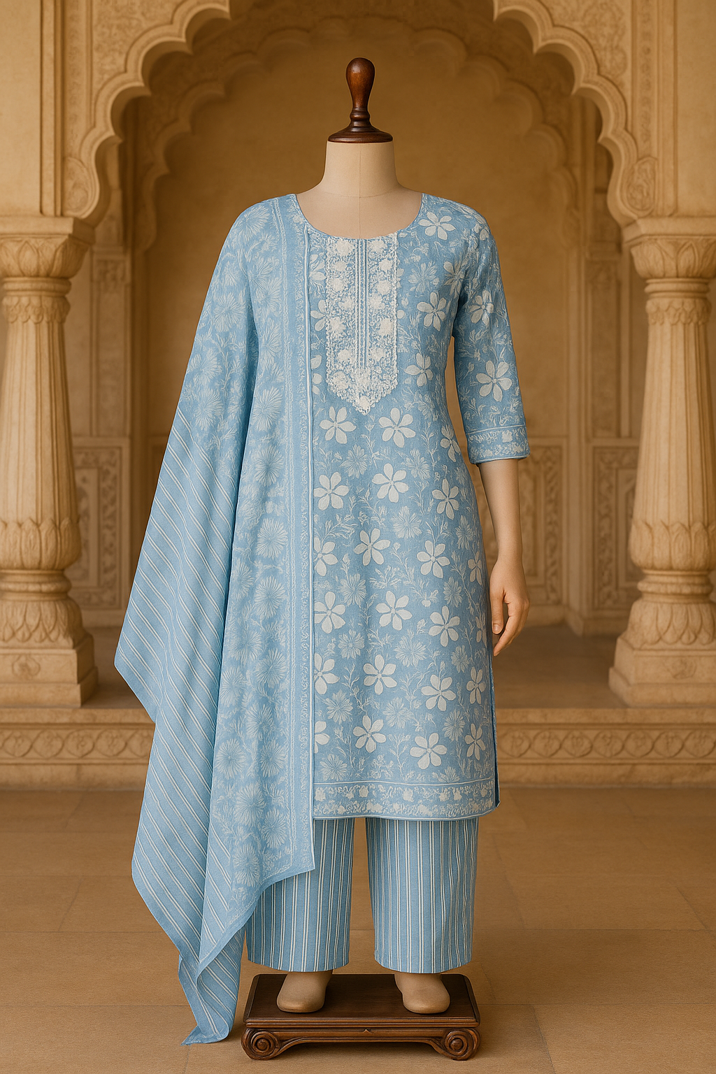 Sky Blue Floral Cotton Suit Set with Striped Pants