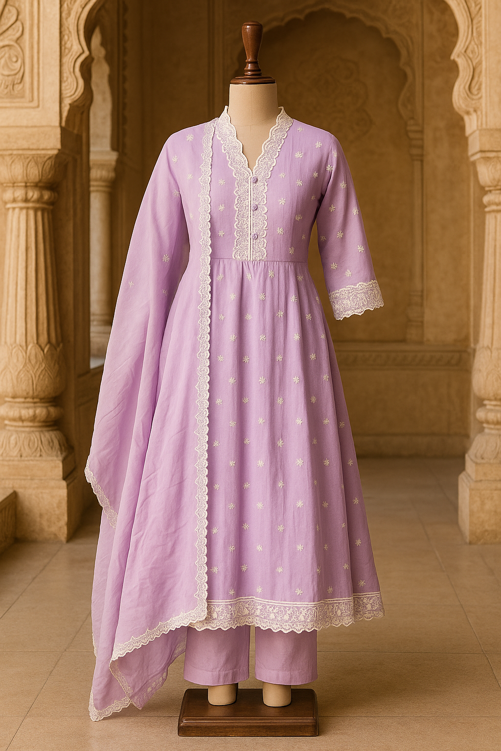Anarkali Cotton Suit Set with Lace Detailing