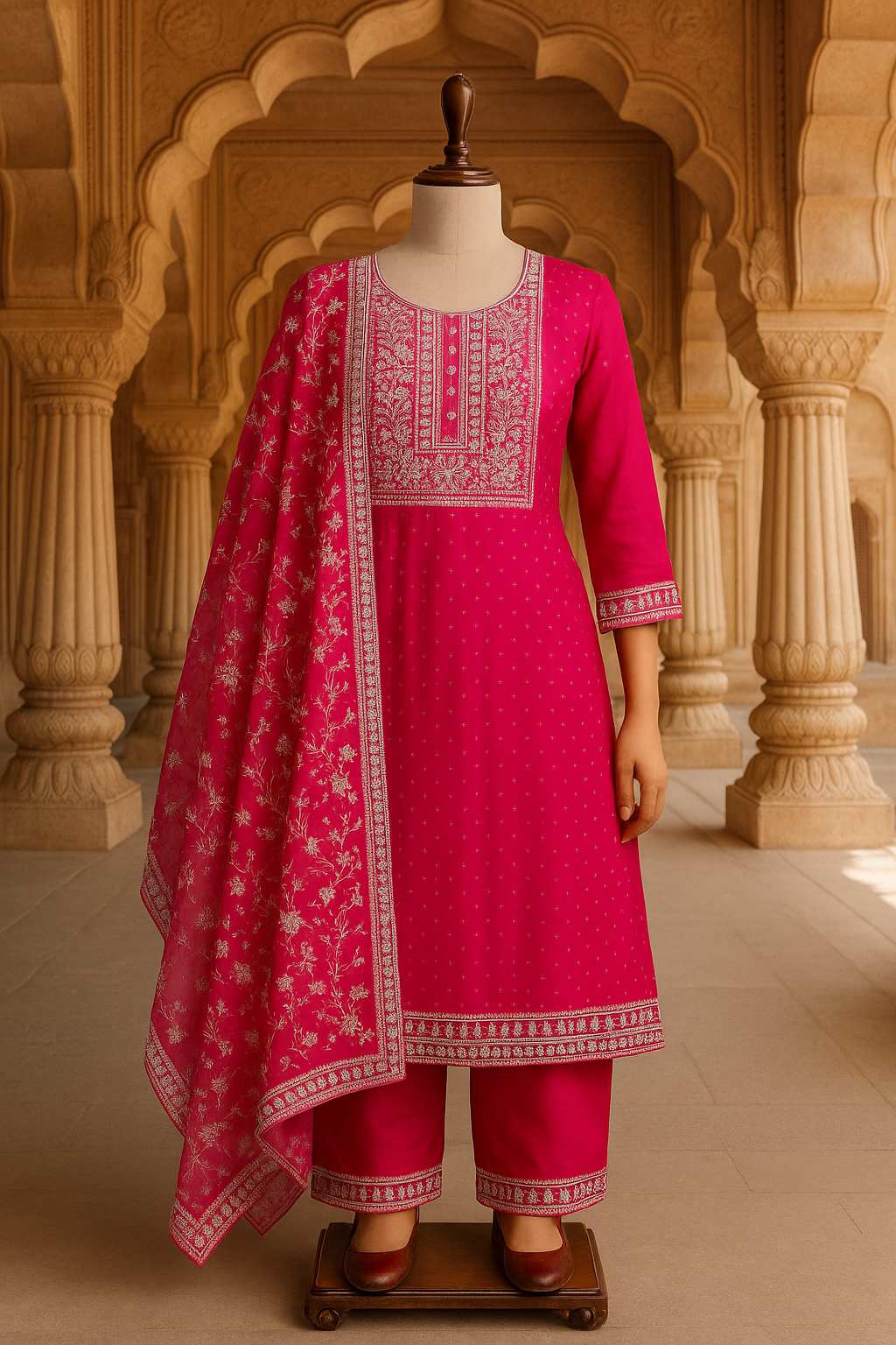 Hot Pink Embroidered Straight Suit Set with Chiffon Dupatta
