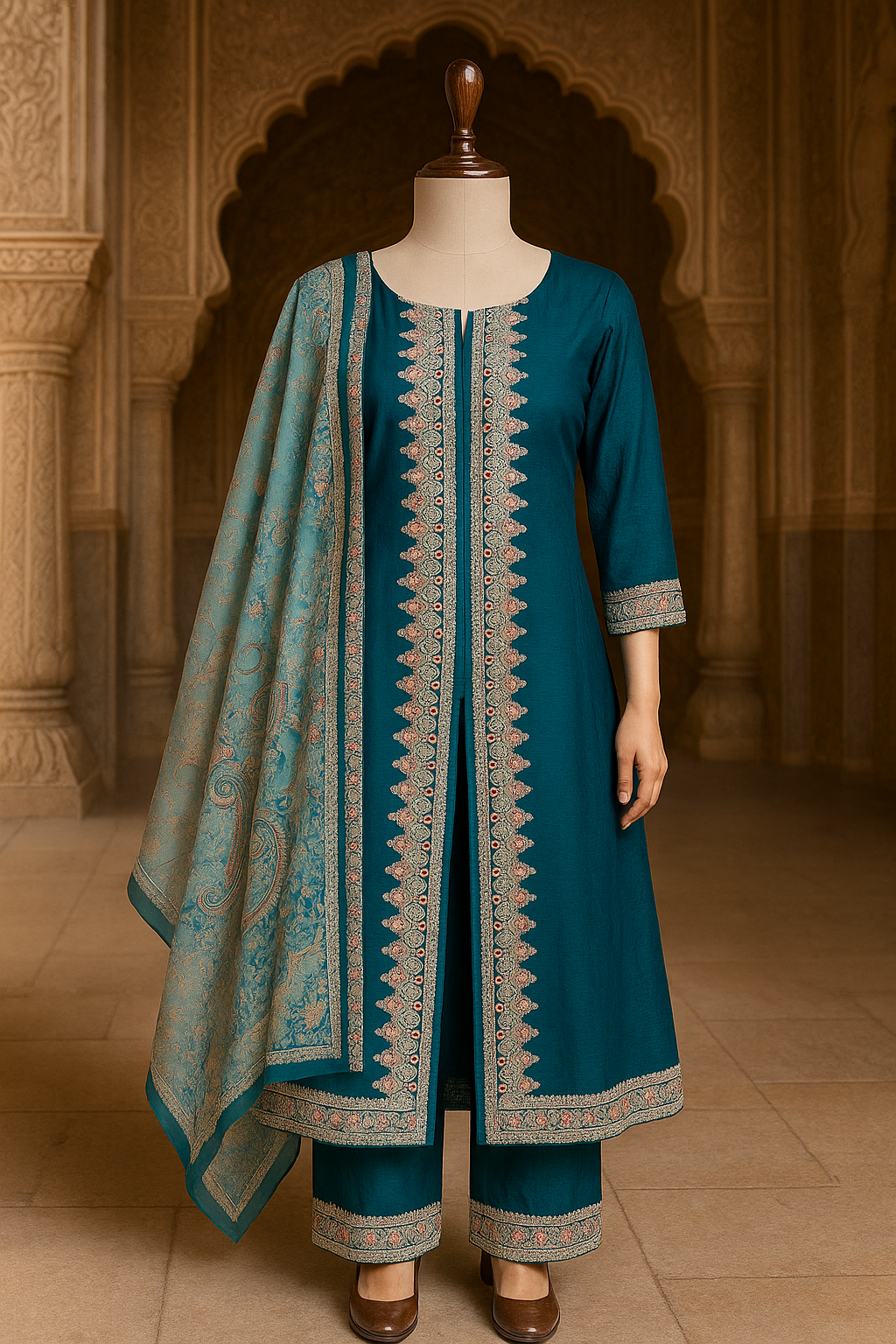 Teal Blue Embroidered Front Cut Open Suit set