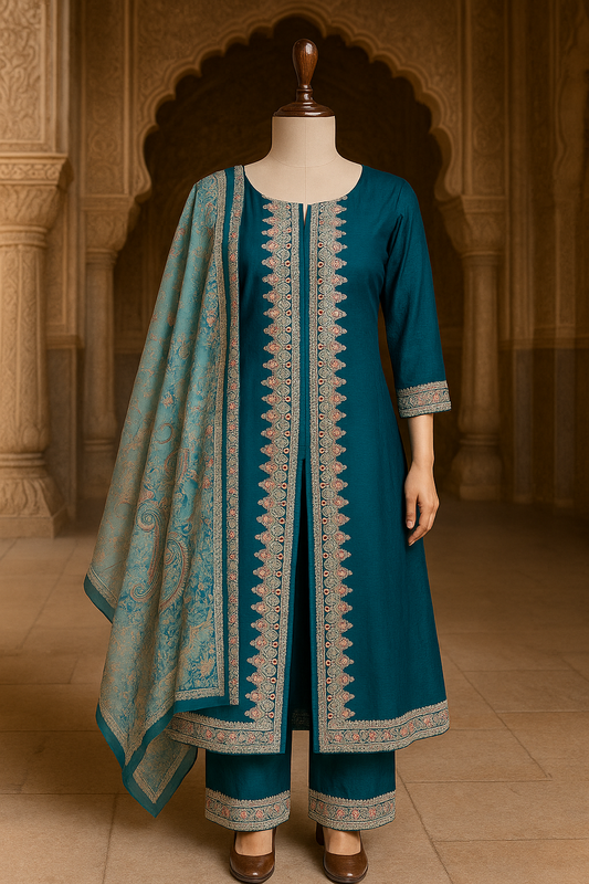 Teal Blue Embroidered Front Cut Open Suit set