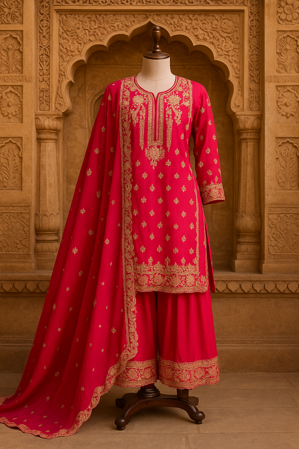 Rani Pink Embroidered Sharara Suit Set with Gota Detailing