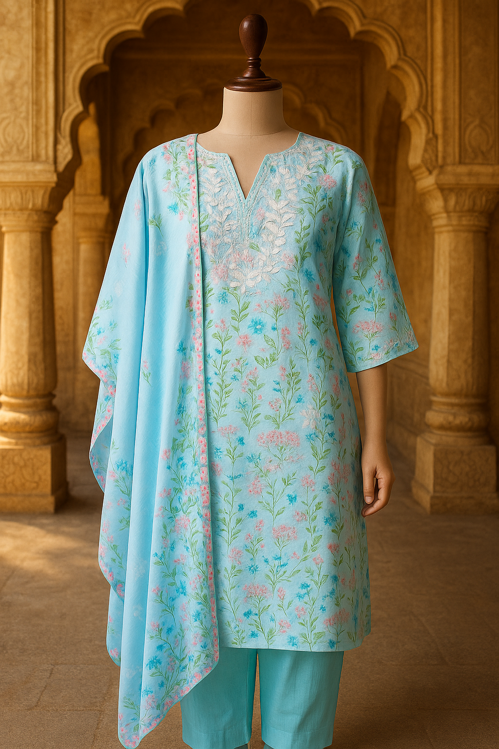 Blue Cotton Kurti with Pant & Dupatta