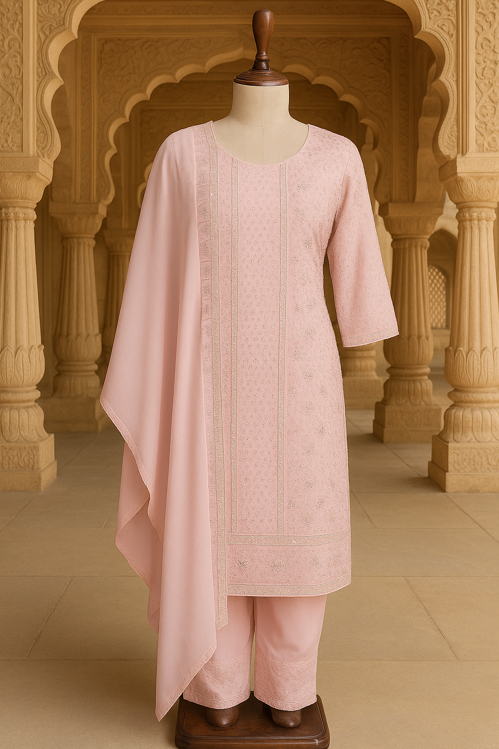 Pink Georgette Kurti with Pant & Dupatta