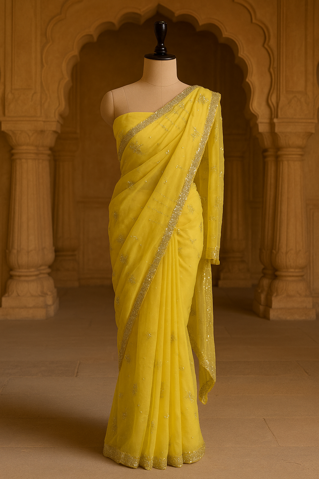 Lemon Yellow Net Saree with Silver Embroidery