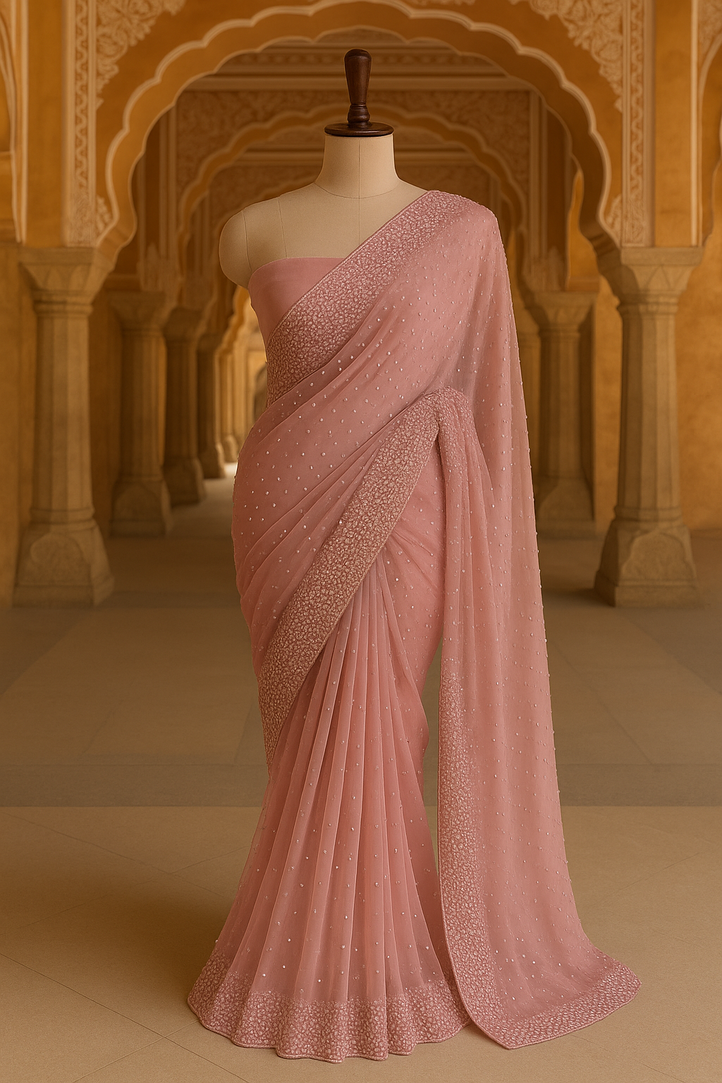 Blush Pink Georgette Saree with Pearl Detailing
