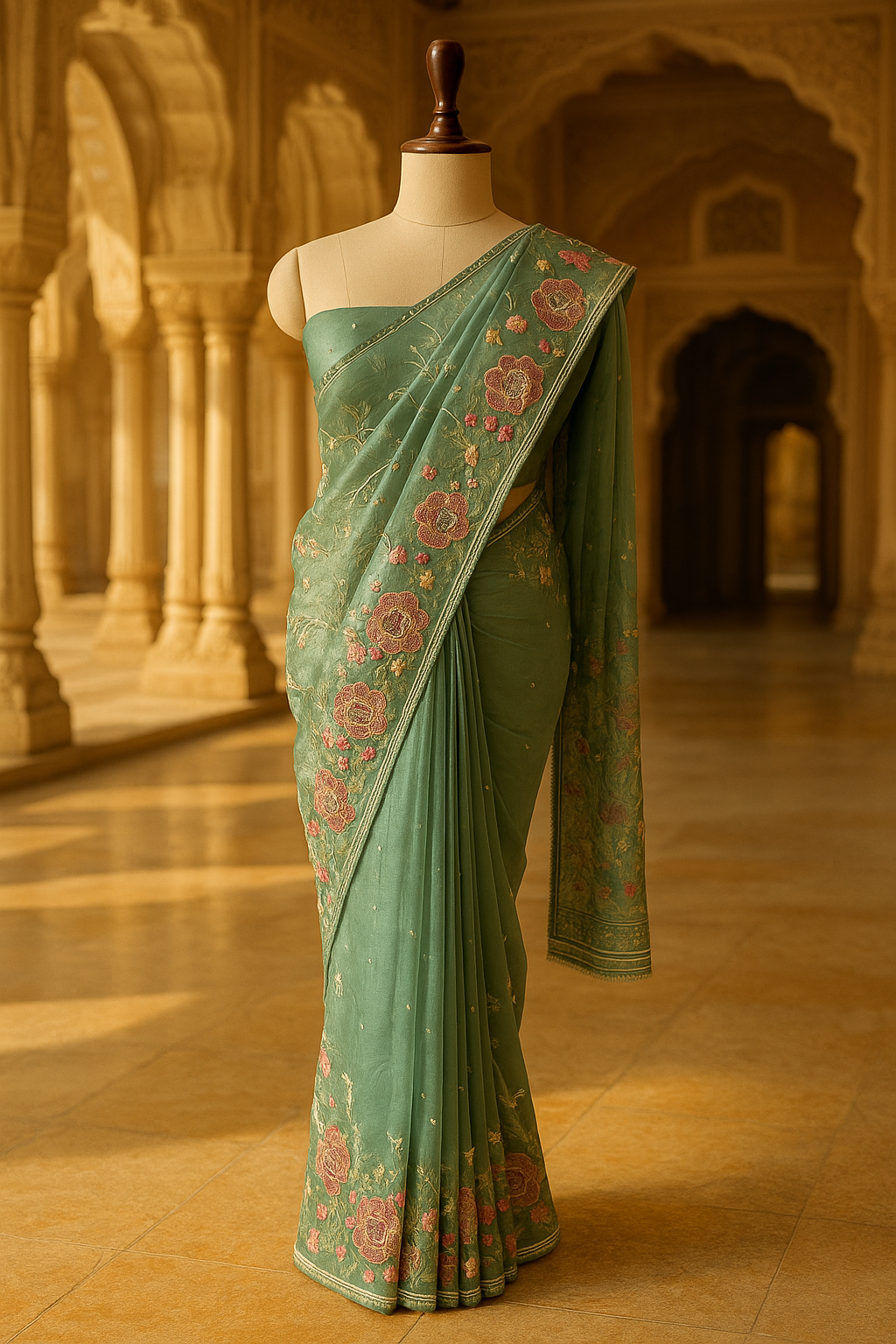 Sage Green Organza Saree with Floral Embroidery