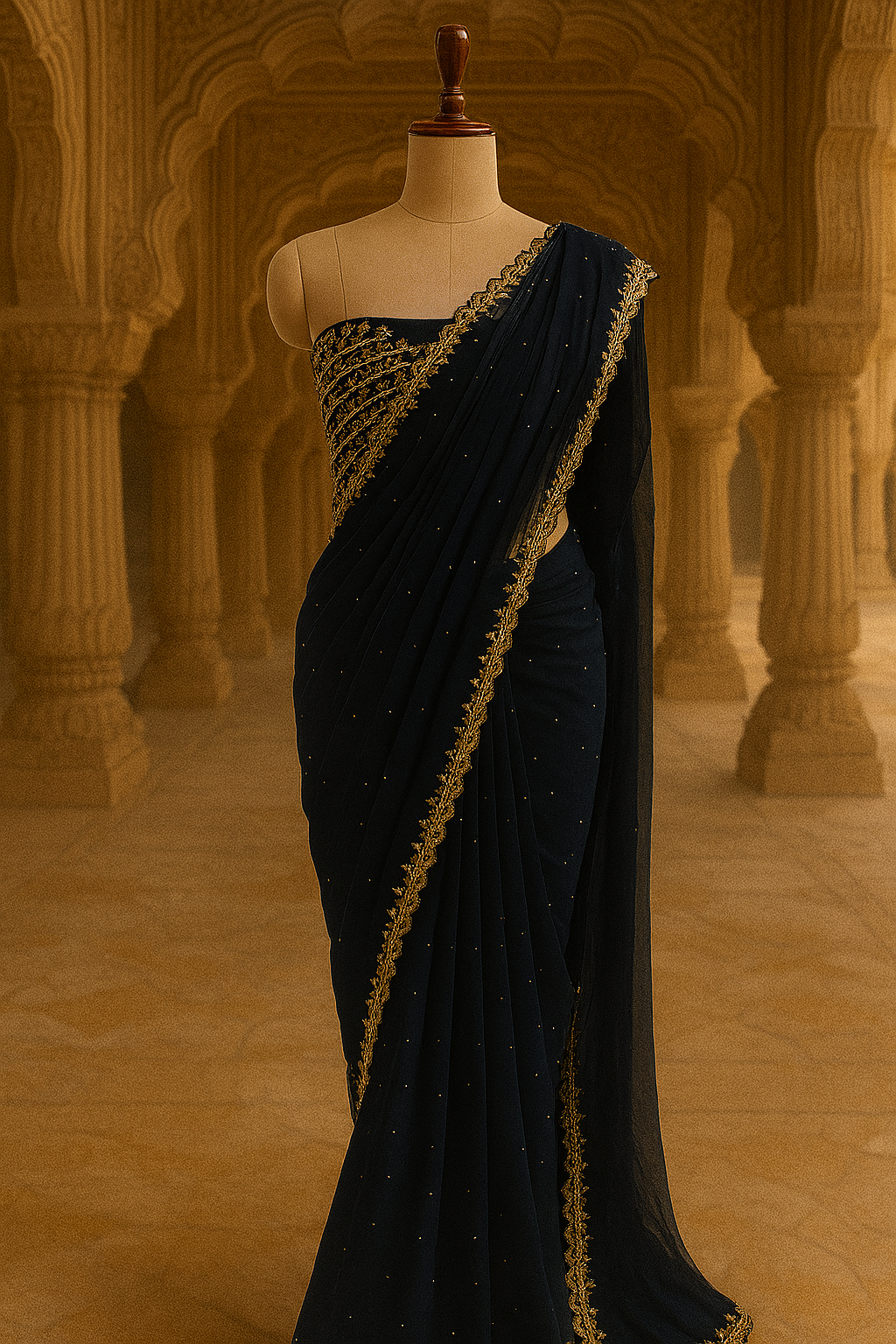 Black Georgette Saree with Subtle Gold Border