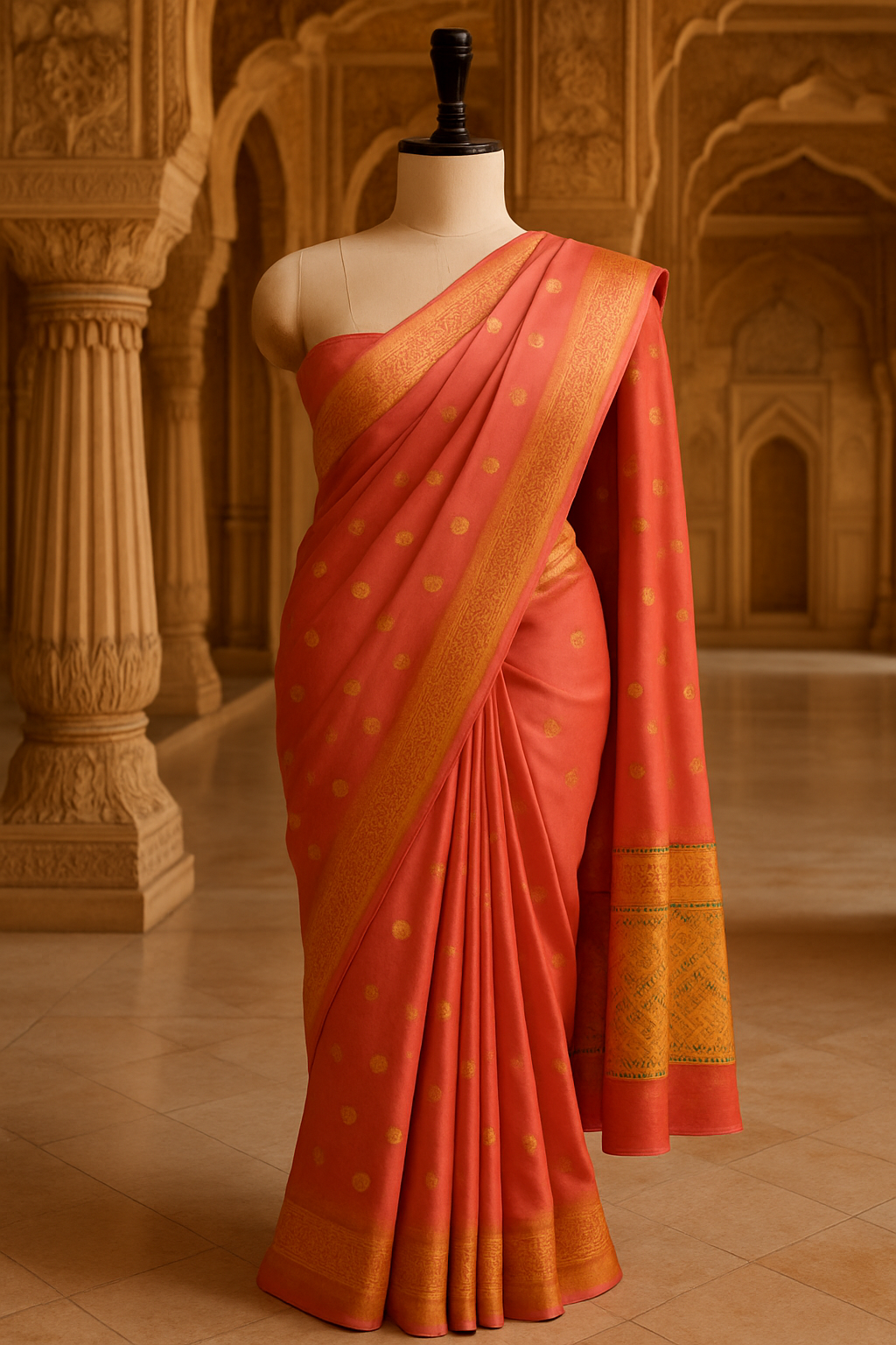 Peach-Orange Kanjivaram Silk Saree with Traditional Border