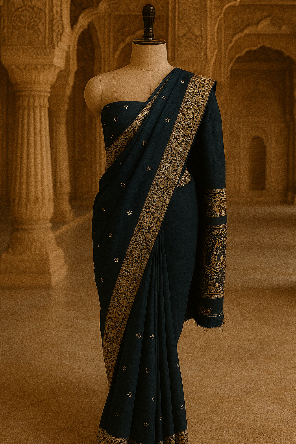 Deep Teal Saree with Antique Zari Embroidered Pallu