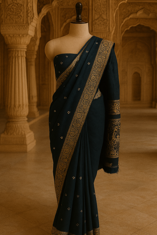 Teal Blue Silk Unstitched Saree
