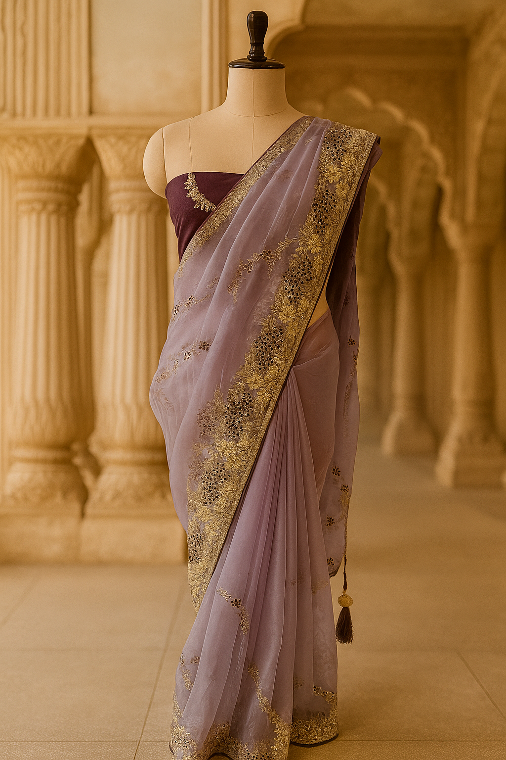Lavender Net Saree with Antique Gold Embroidery